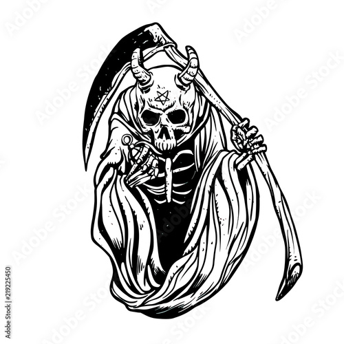 Grim Reaper with horns and grenades Vector logo black and white
