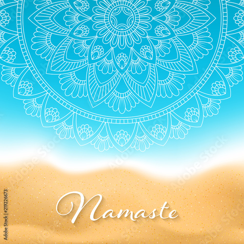 Flyer or brochure template with hand drawn mandala pattern on seashore background. Yoga classes banner. Vector Illustration