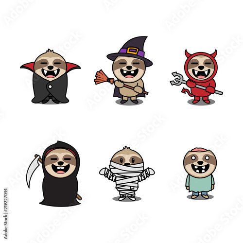 Halloween sloth cartoon character set, vector illustration