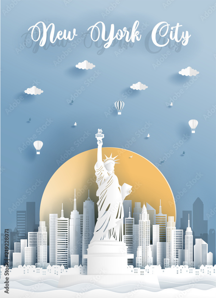 Paper cut style of world famous landmark of New York City, America . Vector illustration.