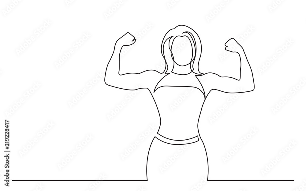 Strong women raising her hands up continuous one line drawing posters for  the wall • posters gym, international, day | myloview.com