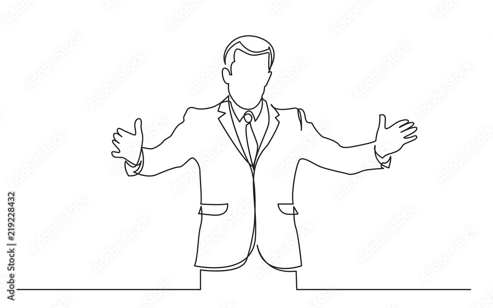 continuous line drawing of standing businessman showing with his hands continuous line drawing of standing businessman showing with his hands
