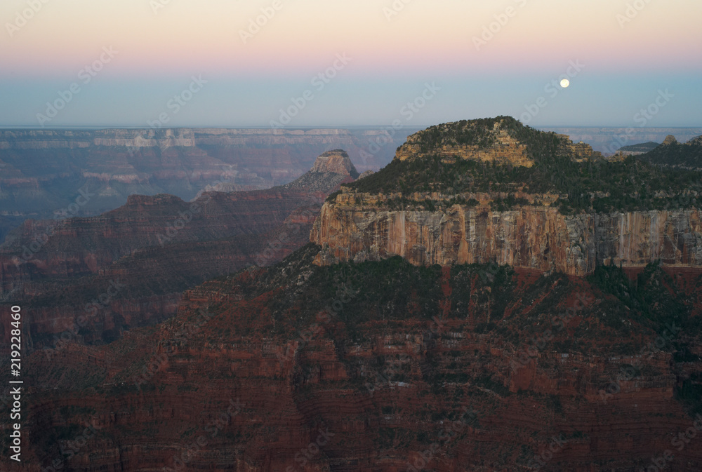 Landscape at Dawn with Moon - Grand Canyon, View from the North Rim at Bright Angel Point