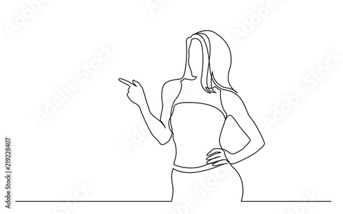 continuous line drawing of standing woman pointing with finger