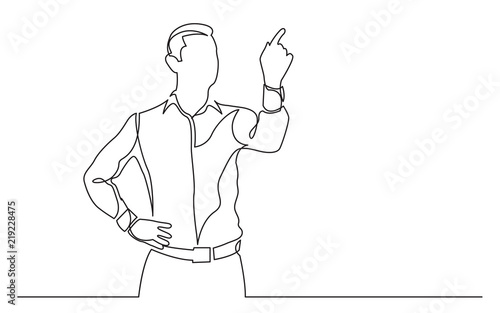 continuous line drawing of standing man pointing with his finger