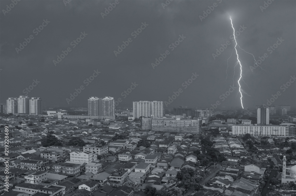 Aerial shot of lightning on Petaling Jaya, Kuala Lumpur, Malaysia