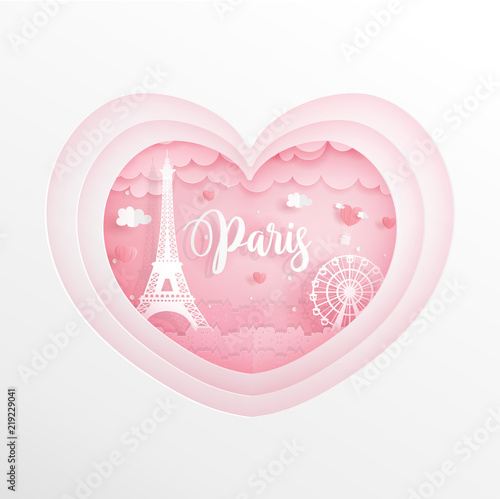 Paris, France landmark with white frame in heart shape, sweet pastel color for honeymoon trip advertising design vector illustration.