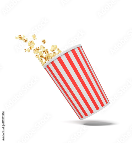 3d rendering of a round striped popcorn bucket hanging in the air with popcorn flying out of it.