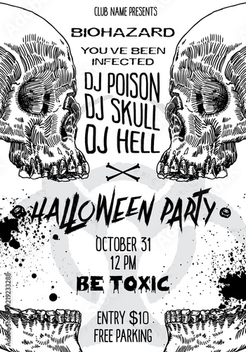 Hand drawn style Halloween poster design with Halloween skulls and calligraphy.  Black white flyer and party invitation designs. Vector.