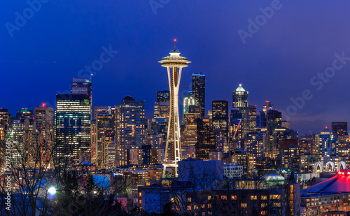 Seattle skyline panorama at sunset from Kerry Park in Seattle photo
