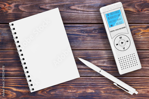 Journalist Digital Voice Recorder or Dictaphone, Blank Note Pad and Pen. 3d Rendering photo