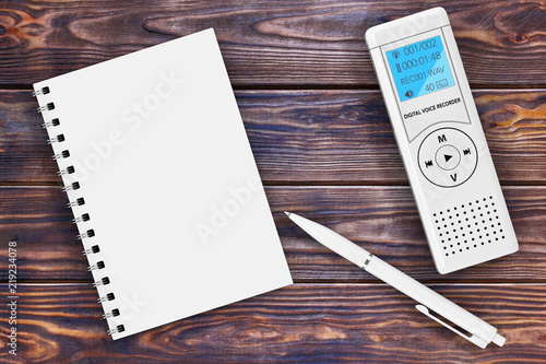 Φωτογραφία Journalist Digital Voice Recorder or Dictaphone, Blank Note Pad and Pen