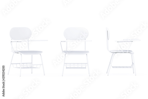 White Lecture School or College Desk Table with Chair in Clay Render Style. 3d Rendering
