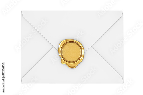 Letter Envelope with Golden Wax Seal. 3d Rendering