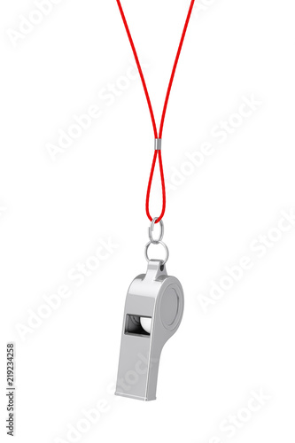 Classic Metal Coaches Whistle Hanging on Red Rope. 3d Rendering