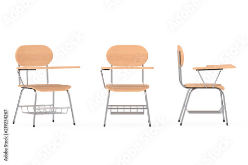 Wooden Lecture School or College Desk Table with Chair. 3d Rendering