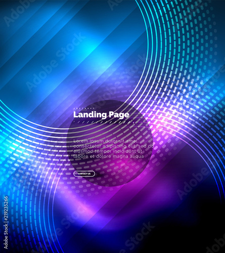Neon glowing techno lines, hi-tech futuristic abstract background template with circles, landing page template