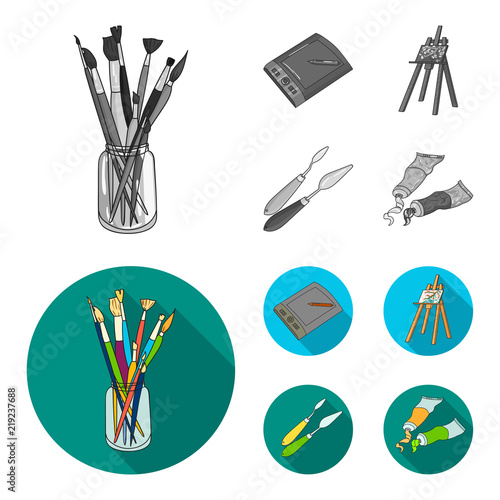 Bank with brushes, a drawing board, an easel with a canvas, paint knives.Artist and drawing set collection icons in monochrome,flat style vector symbol stock illustration web.