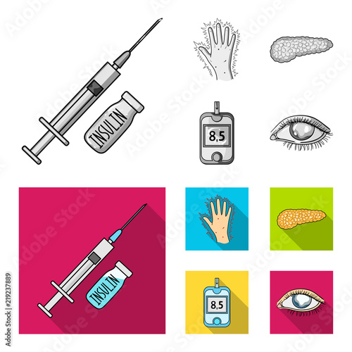 Syringe with insulin, pancreas, glucometer, hand diabetic. Diabet set collection icons in monochrome,flat style vector symbol stock illustration web.