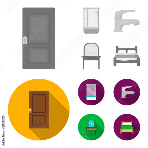 Door, shower cubicle, mirror with drawers, faucet.Furniture set collection icons in monochrome,flat style vector symbol stock illustration web.