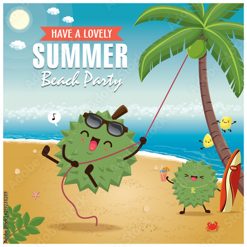 Vintage Summer poster with Durian character, palm tree.