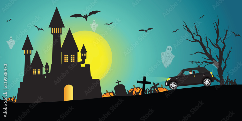 Happy Halloween day ghost party with castle on yellow moon.