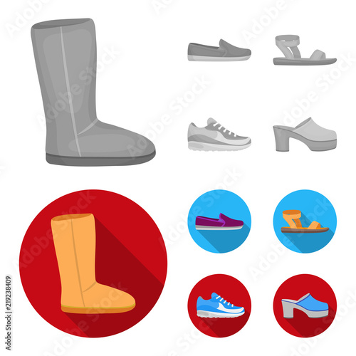 Beige ugg boots with fur, brown loafers with a white sole, sandals with a fastener, white and blue sneakers. Shoes set collection icons in monochrome,flat style vector symbol stock illustration web.