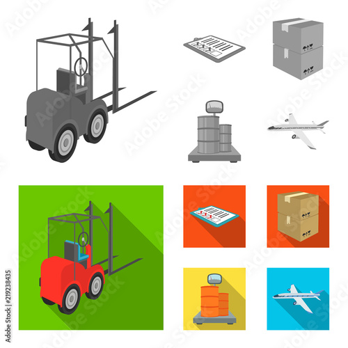 Forklift, delivery slips, packaged goods, cargo on weighing scales. Logistics and delivery set collection icons in monochrome,flat style isometric vector symbol stock illustration web.