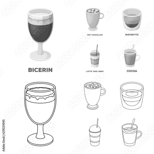 Ristretto, hot chocolate, latte take-away.Different types of coffee set collection icons in outline,monochrome style vector symbol stock illustration web.