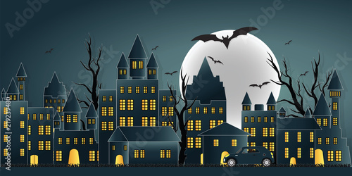 Happy Halloween day ghost party with castle on yellow moon.