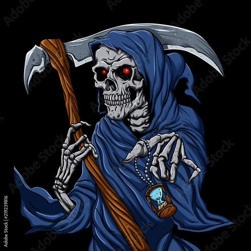 Reaper grim with Hourglass - ghost skull - black and white