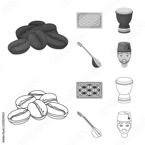 Turkish carpet, saz, drum, turkish men.Turkey set collection icons in outline,monochrome style vector symbol stock illustration web.