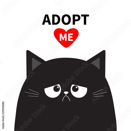 Adopt me. Dont buy. Black sad cat face silhouette. Red heart. Pet adoption. Kawaii animal. Cute cartoon kitty character. Funny baby kitten. Help homeless animal Flat design. White background Isolated.