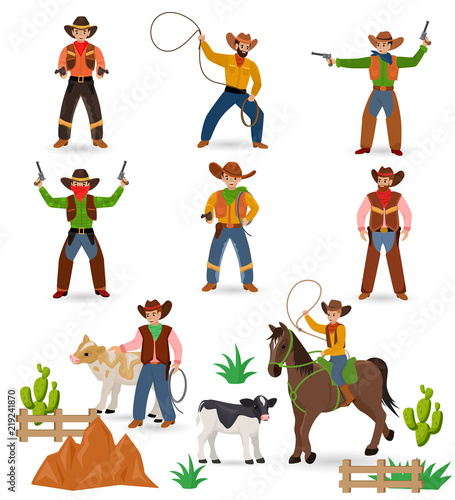 Cowboy vector western cow boy or wild west sheriff signs hat or horseshoe in wildlife desert with cactus illustration wildly horse character for rodeo set isolated on white background