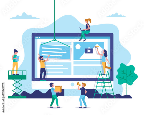 Website construction, web design concept illustration in flat style. People working on website. Characters doing various tasks, teamwork.