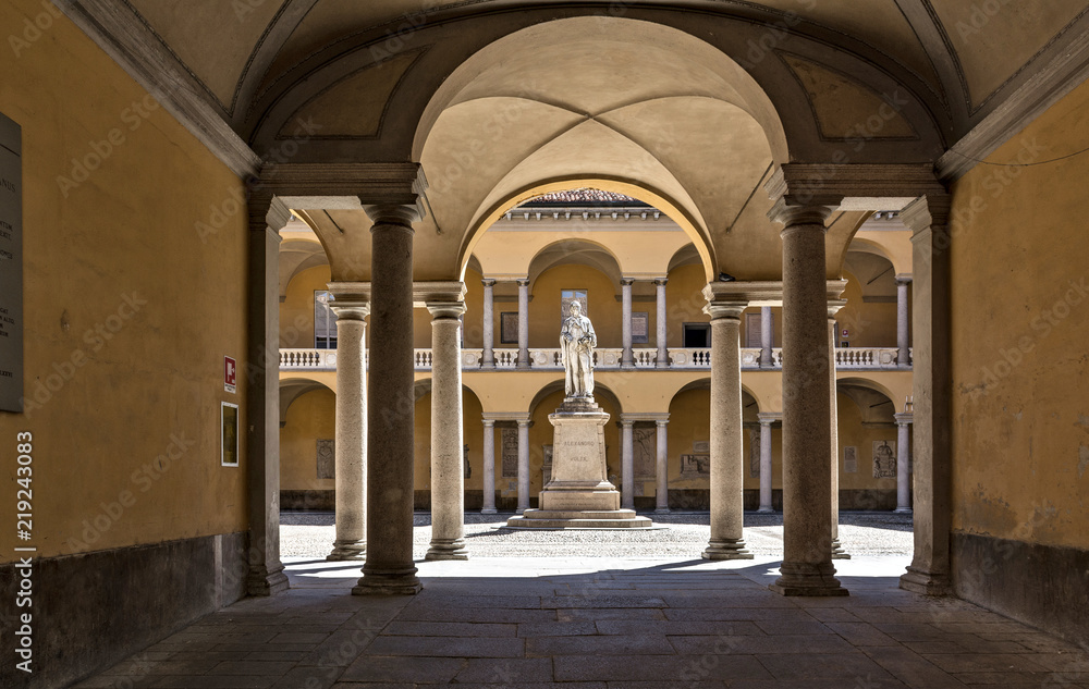 Pavia Italy, university with statue to Alessandro Volta