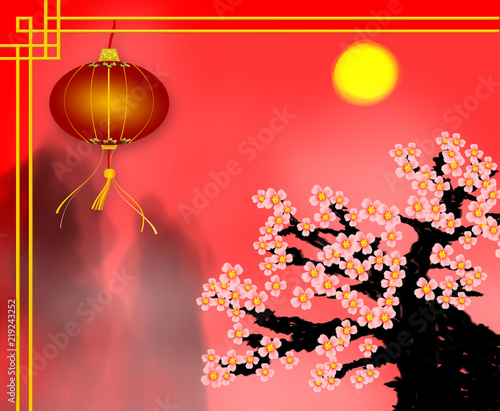 Chinese New Year greeting card of red paper lantern with plum blossom. Oriental Spring Festival lamp with lucky coin ornament, blooming branch and pink flower.