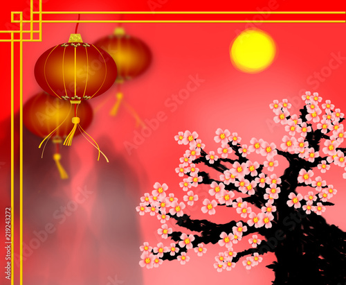 Chinese New Year greeting card of red paper lantern with plum blossom. Oriental Spring Festival lamp with lucky coin ornament, blooming branch and pink flower for Lunar New Year celebration design.