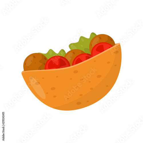 Falafel in pita, meatball salad in bread, traditional Jewish food vector Illustration on a white background