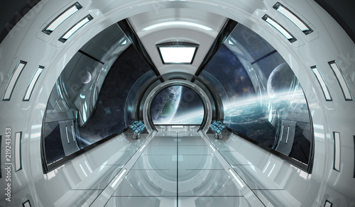 Fototapeta Naklejka Na Ścianę i Meble -  Spaceship interior with view on planets 3D rendering elements of this image furnished by NASA