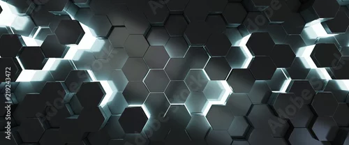Obraz  z motywem Black and blue hexagons background pattern 3D rendering