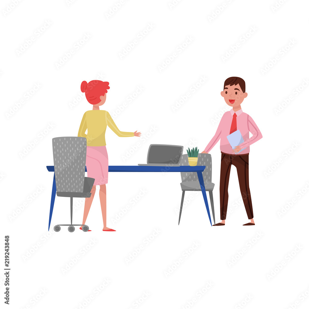New male employee applicant and HR manager meeting at office, recruitment concept vector Illustration on a white background New male employee applicant and HR manager meeting at office, recruitment concept vector Illustration on a white background
