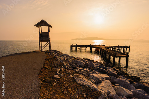 Seascape view of wooden bridge at Khao Leam Ya     Mu Ko samet National Park in sunset time  Rayong province  Thailand