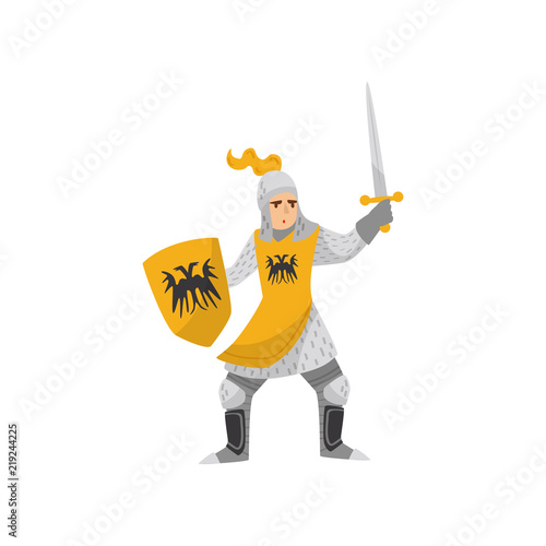 Medieval armored knight warrior character fighting with shield and sword vector Illustration on a white background
