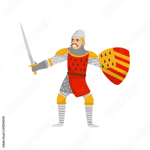 Medieval armored knight warrior character with shield and sword vector Illustration on a white background