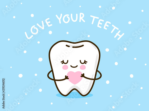 Cute little tooth on blue background