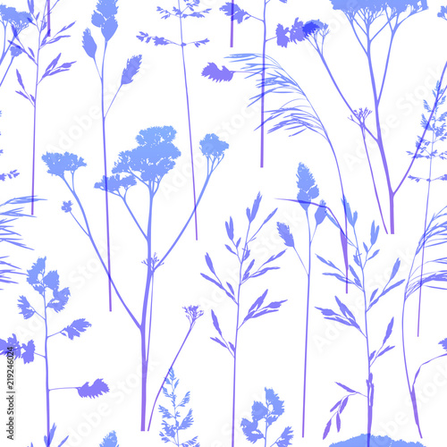 Seamless pattern with violet herbal silhouettes