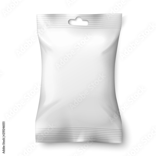 Vector realistic blank white foil snack pack with hang slot isolated on white background with place for your design and branding. 