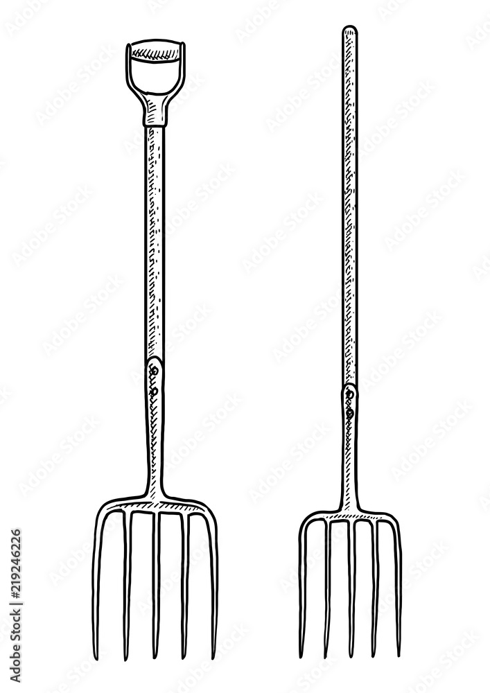 Pitchfork illustration, drawing, engraving, ink, line art, vector Stock
