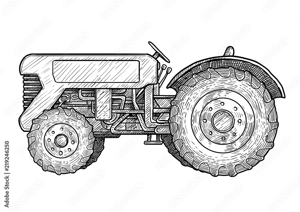 Fototapeta premium Tractor illustration, drawing, engraving, ink, line art, vector